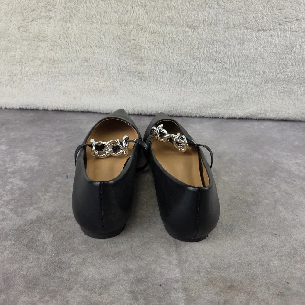 Journee Collection Black Pointed Toe Flats Silver Chain Link Detail Size 11